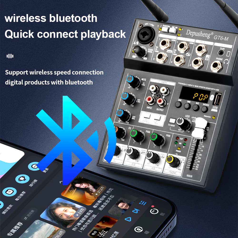 Depusheng Mixer audio professionale, mixer audio a 6 canali con doppio microfono wireless, console per scheda audio MP3 Bluetooth 48 V alimentazione phantom interfaccia USB mixer DJ