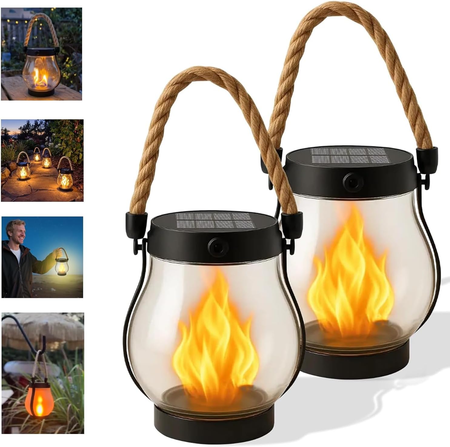 Kaliqo Solar Lantern Outdoor Lights, Dancing Flame Kaligo Solar Lantern Outdoor Lights Waterproof, Hemp Rope Hanging Flame Lanterns for Garden Yard Decorations (2PC)