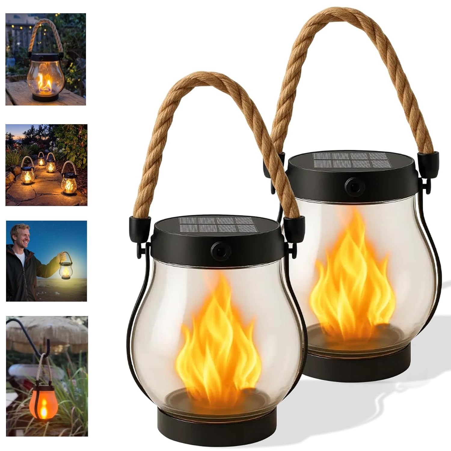 Kaliqo Lot de 2 lanternes solaires d'extérieur étanches en corde de chanvre à suspendre pour décoration de jardin et cour