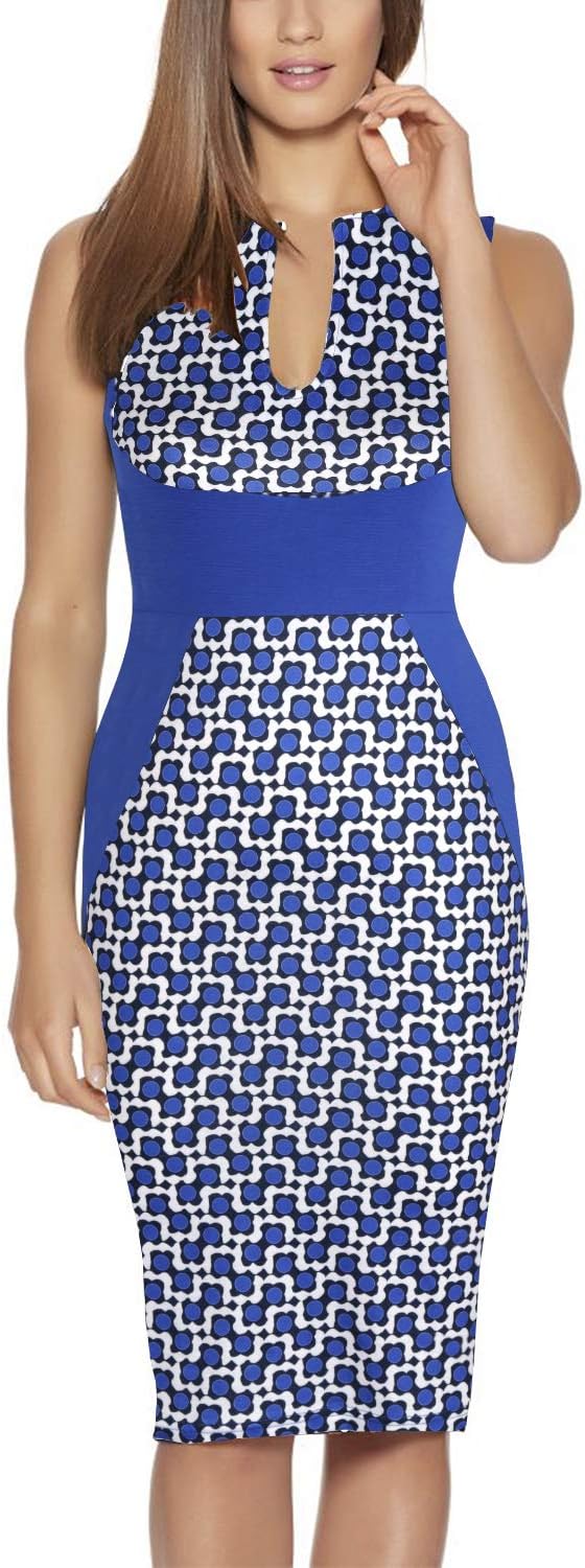 Business Dress,Women Sleeveless V Neck Fitted Sheath Midi Pencil Dresses (S, FT601-Blue Dot)
