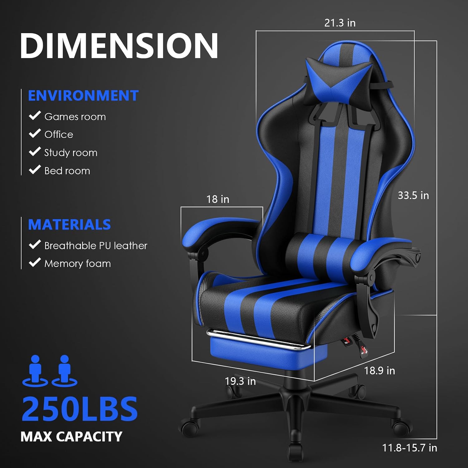 Huracan Gaming Chair with Footrest, Adjustable Video Game Computer Chairs for Adults, Reclining Backrest Office Desk Chair with Headrest and Lumba Pillow, Blue