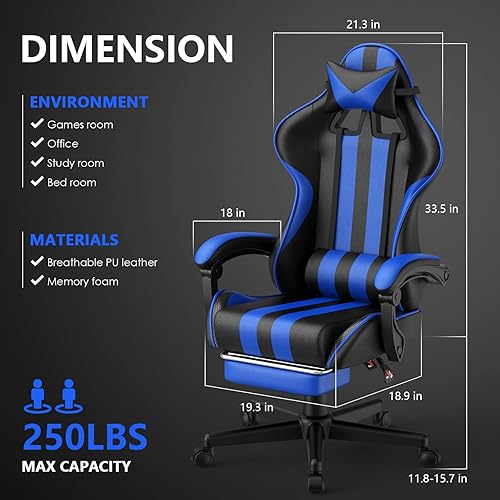 Miniatura 3 de Huracan Silla de juegos con reposapiés, sillas ajustables para computadora de videojuegos para adultos, respaldo reclinable, silla de escritorio de