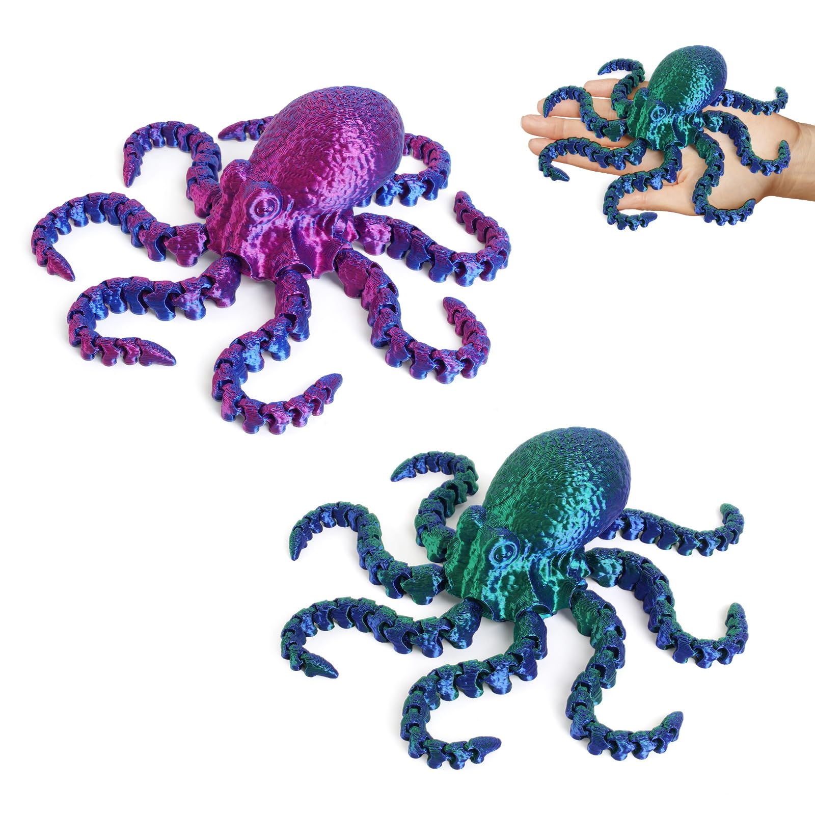 2PCS 3D Printed Octopus Ornaments, Articulated Octopus Fidget Toy, 3D Printed Octopuss Fidget Toy, Laser Purple & Green Octopuss Toys, Animal Model for Desk Decor, Stress Relief & Sensory Exploration