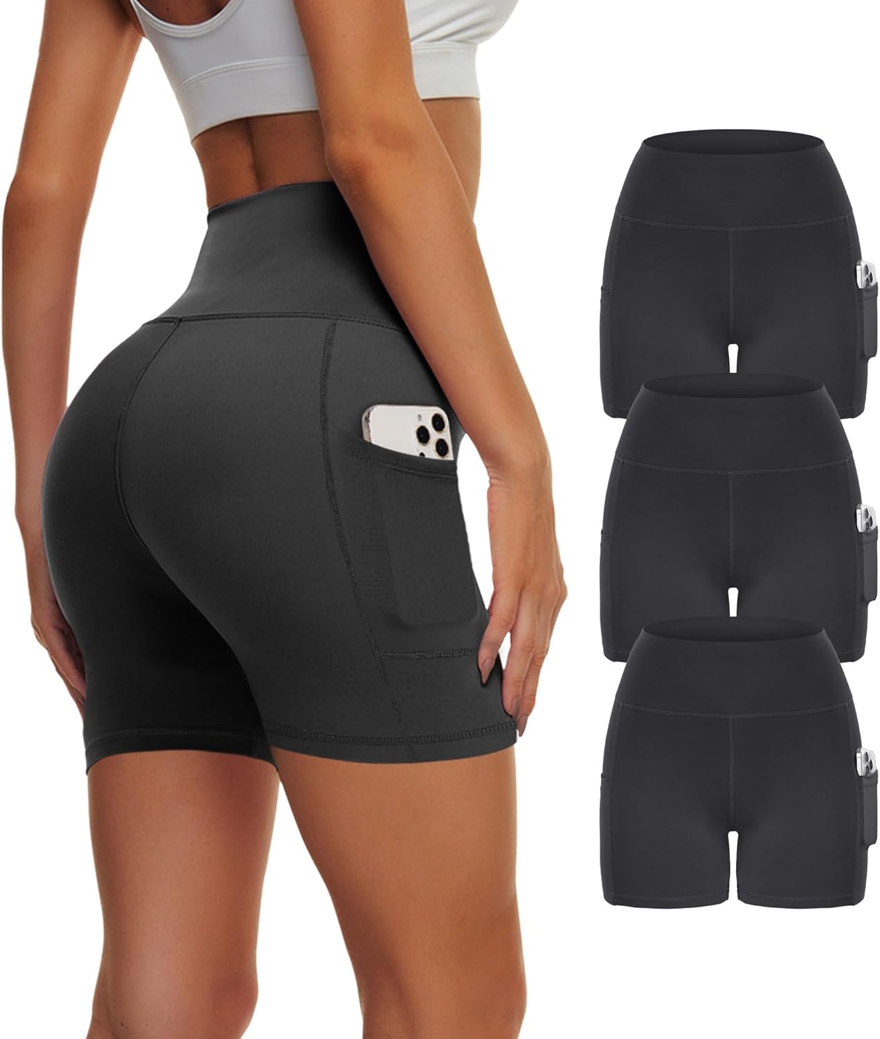 Showitty 3 Pack Biker Yoga Shorts with Pockets for Women, High Waist Tummy Control Workout Running Gym