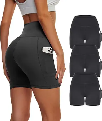 3 Pack Biker Yoga Shorts with Pockets for Women, High Waist Tummy Control Workout Running Gym