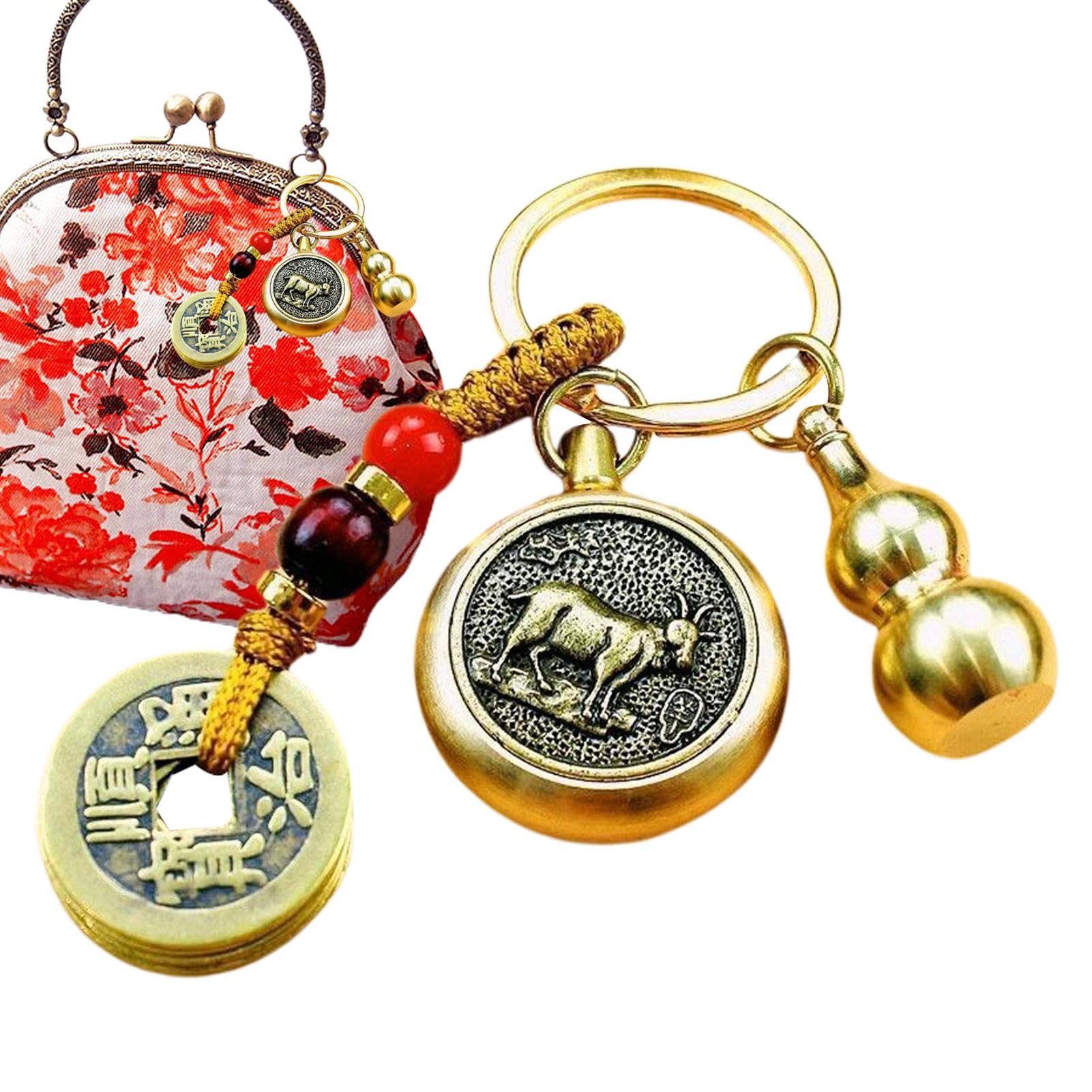Dirfuny Gourd Keychain Brass Gourd Car Keychain Feng Shui Lucky Pendant Five Emperor Money Keyring, Suitable for Collecting and Gifting