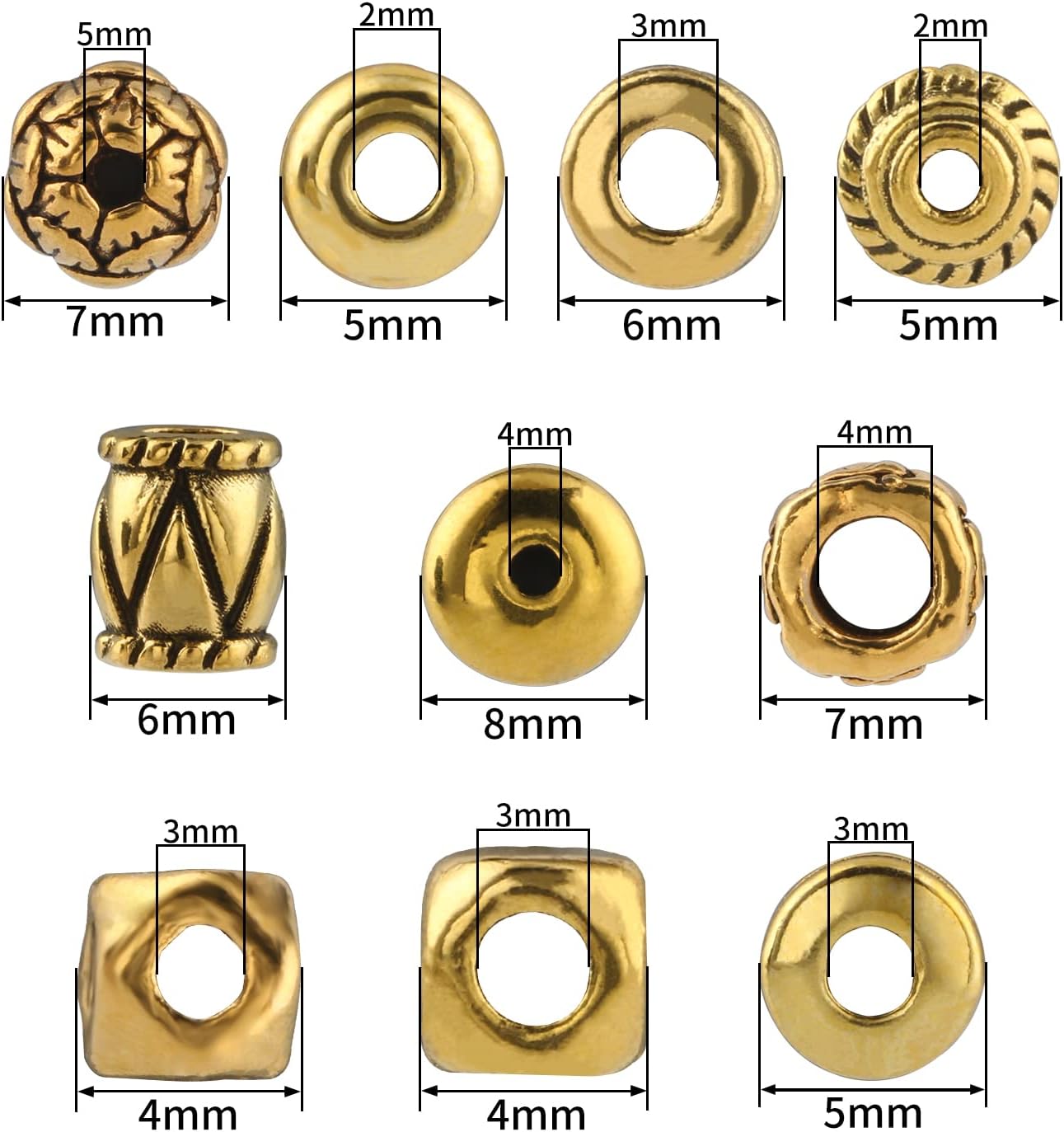 Song Xi 750pcs Antique Gold Spacer Beads 10 Styles Mixed Shape Tibetan Alloy Jewelry Beads Metal Spacer Beads for Jewelry Making