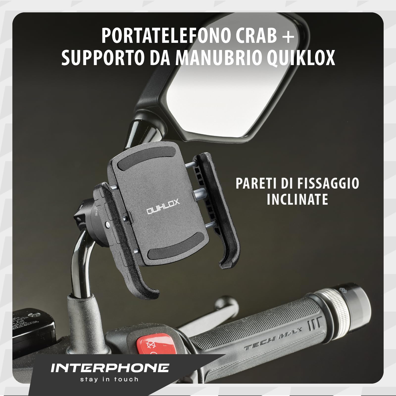 INTERPHONE QUIKLOX - Porta Smartphone Universale (da 3.5" a 7.5") con Attacco a Specchietto o Traversino, Sistema Modulare QUIKLOX, Supporto Porta Cellulare Moto, Aggancio Sgancio Rapido