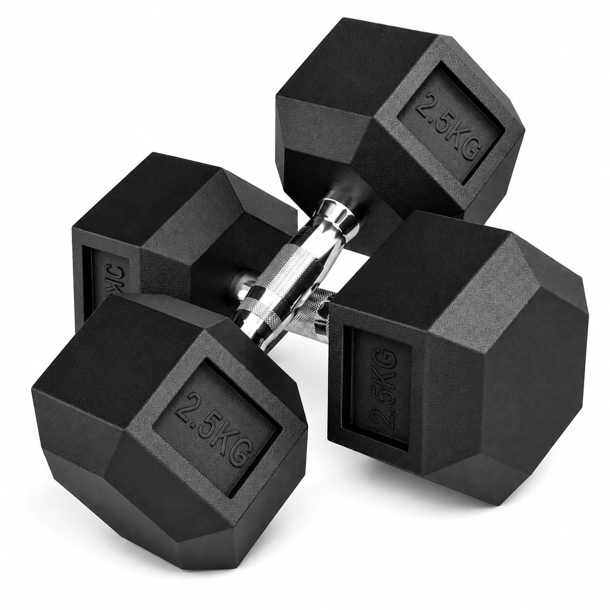 2.5kg Rubber Hex Dumbbells Pair Set, with Anti-Roll Hexagonal Heads and Knurled Chrome Steel Grips for Home Gym, Fitness & Strength Training