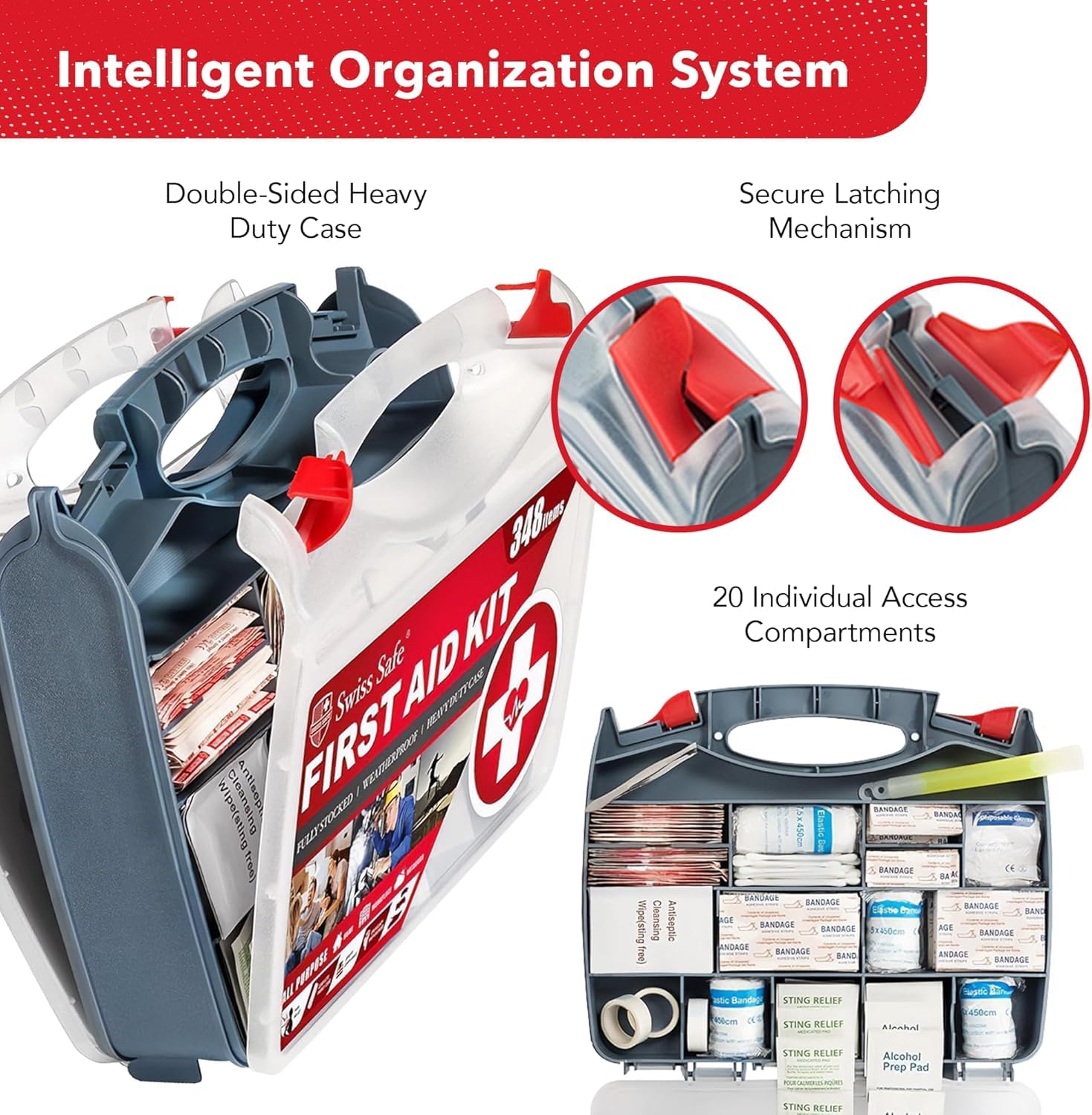 Swiss Safe Kit di pronto soccorso 2 in 1 per auto, viaggi, casa e lavoro, include mini kit per emergenze mediche, campeggio e sopravvivenza all'aperto, 348 pezzi, custodia rigida grande, confezione da