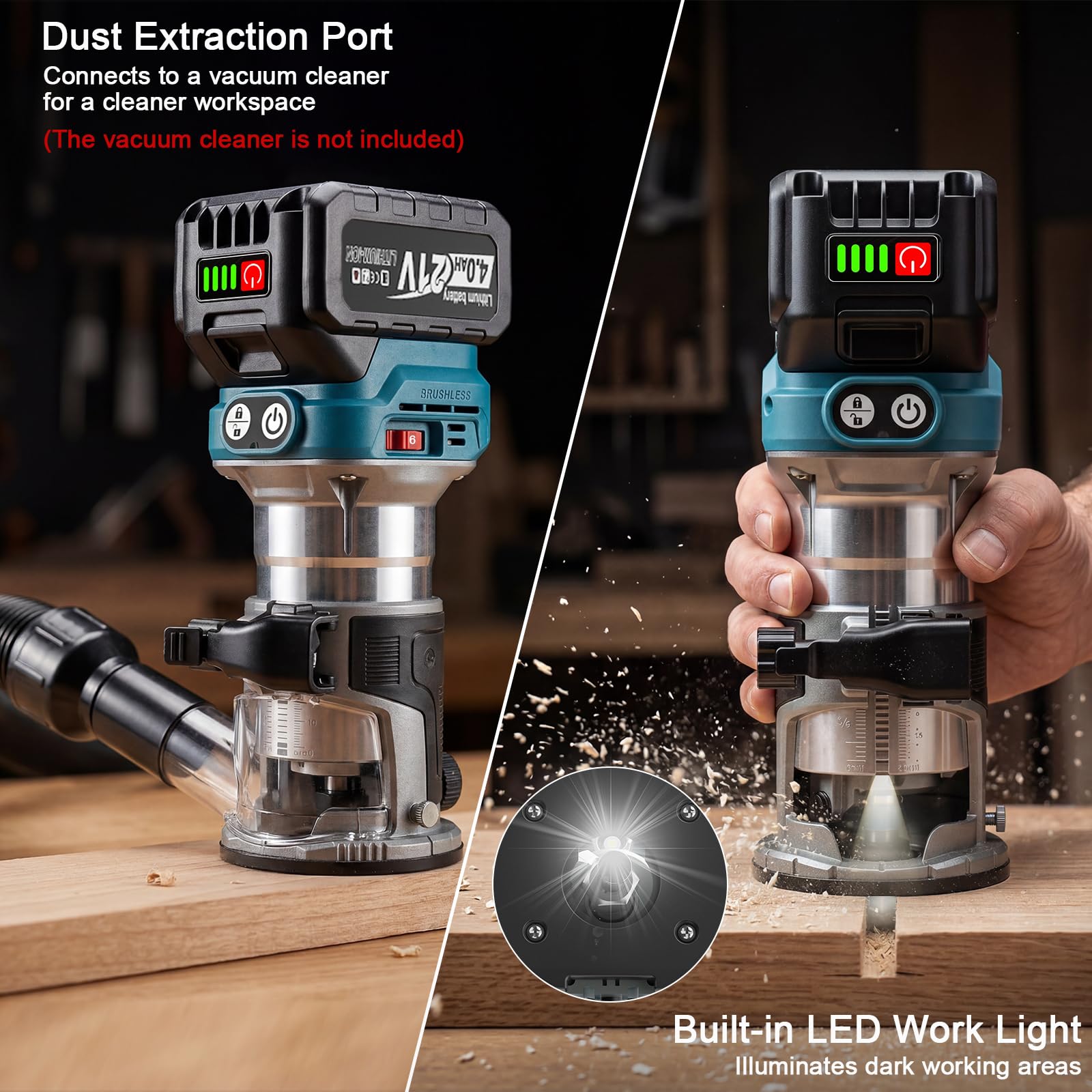 Yofuly Akku Oberfräse Kompatibel mit Makita 18V Akku, 800W Bürstenloser Akku-Kantenfräse Einhandfräse Set, 6 Geschwindigkeit 28000RPM, Aluminum Holzfräser für Holz (Ohne Batterien)