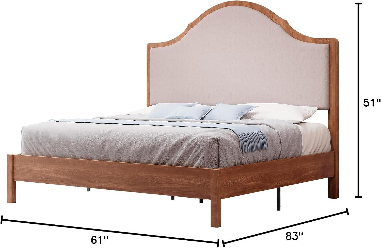 Jocisland Wood Queen Size Bed Frame with Tall Upholstered Curved Headboard, Solid Wood Platform, No Box Spring Needed, Wood Slat Support, Walnut