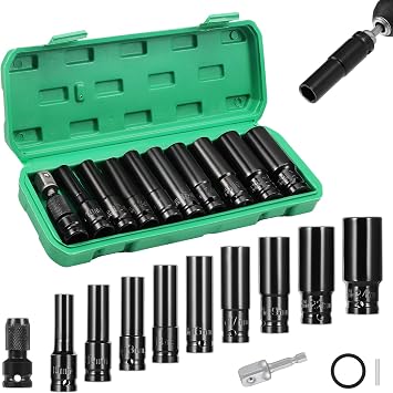 11PCS Deep Impact Set 1/2 Inch Metric Drive Tool Impact Wrench Long Socket Set 10-24mm Hex Socket Adapter and Extension Rod for Car Repairs Tire Change