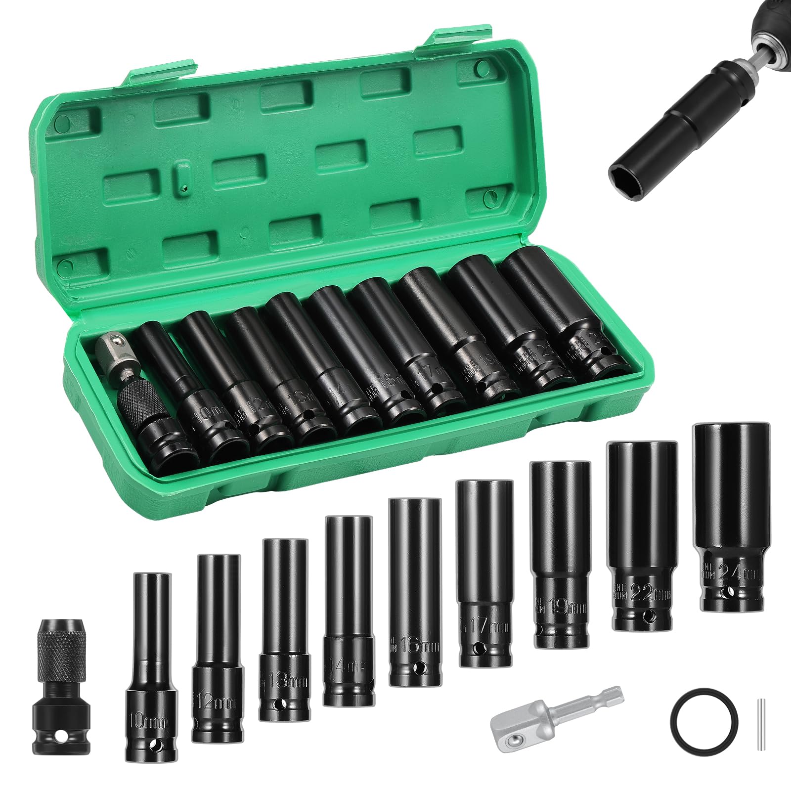 11PCS Deep Impact Set 1/2 Inch Metric Drive Tool Impact Wrench Long Socket Set 10-24mm Hex Socket Adapter and Extension Rod for Car Repairs Tire Change