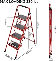 Vista 6 de KINGRACK Escalera plegable de 4 escalones, escalera de acero de seguridad resistente de alta resistencia con pasamanos y pedales anchos para Rojo