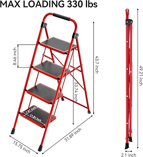 Miniatura 6 de KINGRACK Escalera plegable de 4 escalones, escalera de acero de seguridad resistente de alta resistencia con pasamanos y pedales anchos para