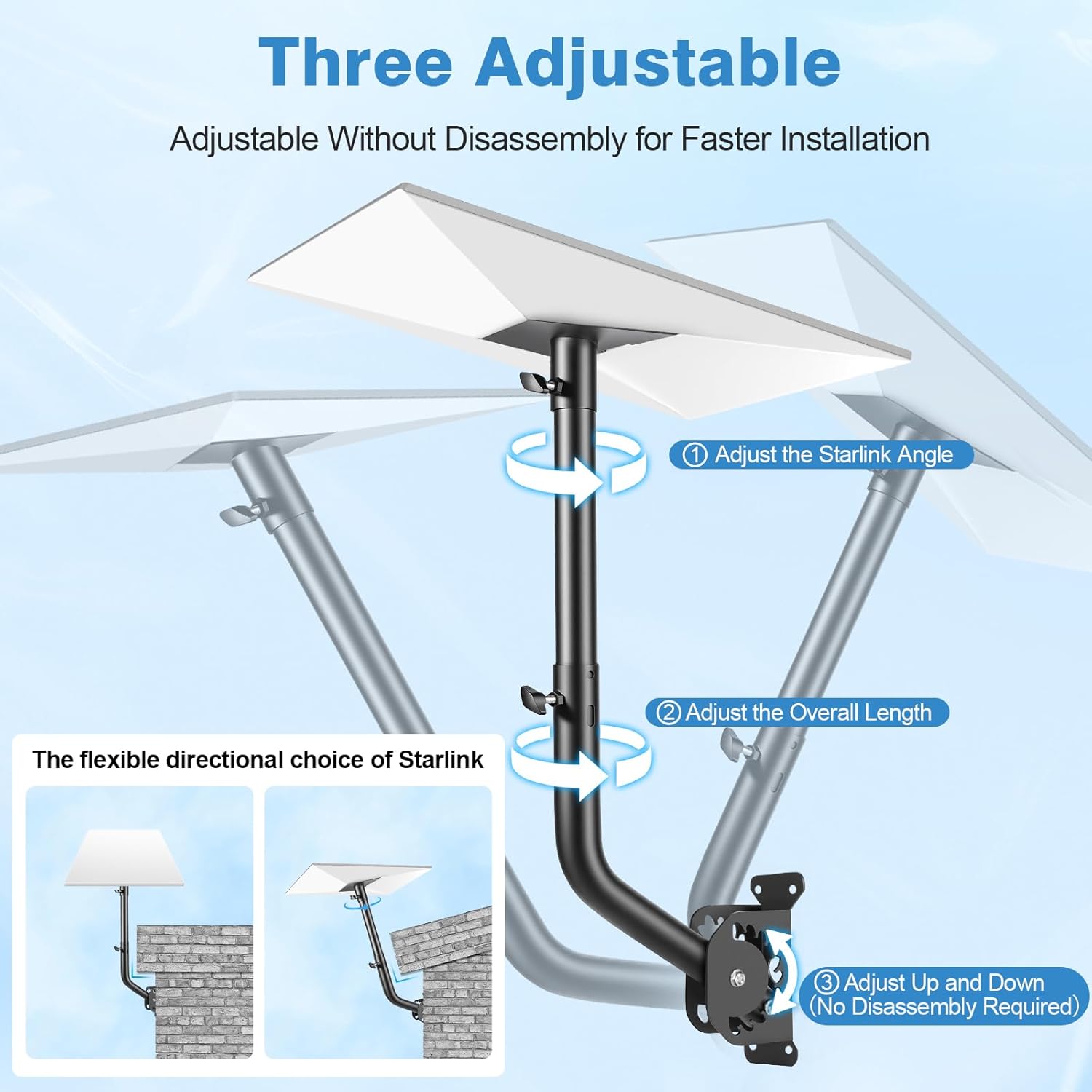 Starlink Mount with Extension-Adjust Angle Without Disassembly Tube Gen 3 Roof Mount Wall/Ceiling Mounting Kit Compatible with Starlink Standard 4/4X/V3（Black）