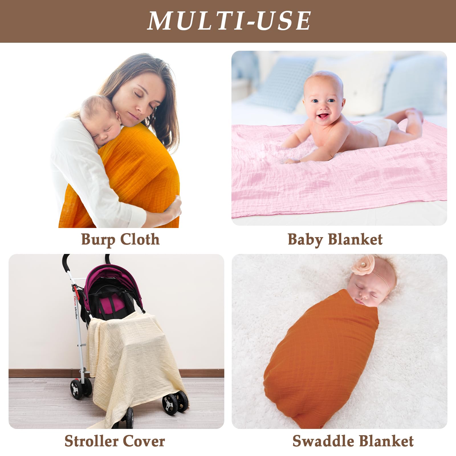 POMISO 4-Pack Muslin Swaddle Blankets For Babies - 47"x47" Soft Cotton, Leaves & Warmth Colors (Unisex) - View #12
