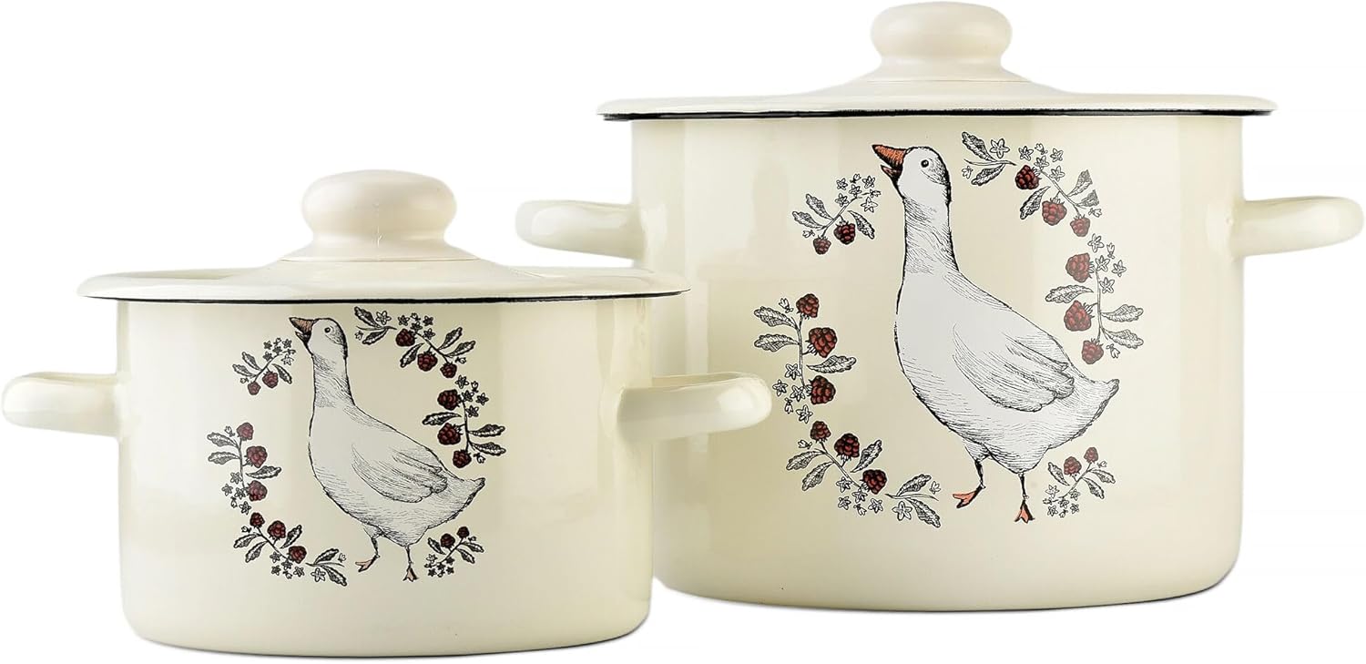 Enamel Pot with Enamel Lid, Enamel Cooking Pot, Soup Pot, Enameled Steel Stock Pot, Enamel Casserole set, Induction Safe, Dishwasher Safe (Gusak, 2.1 Qt, 4.8 Qt)