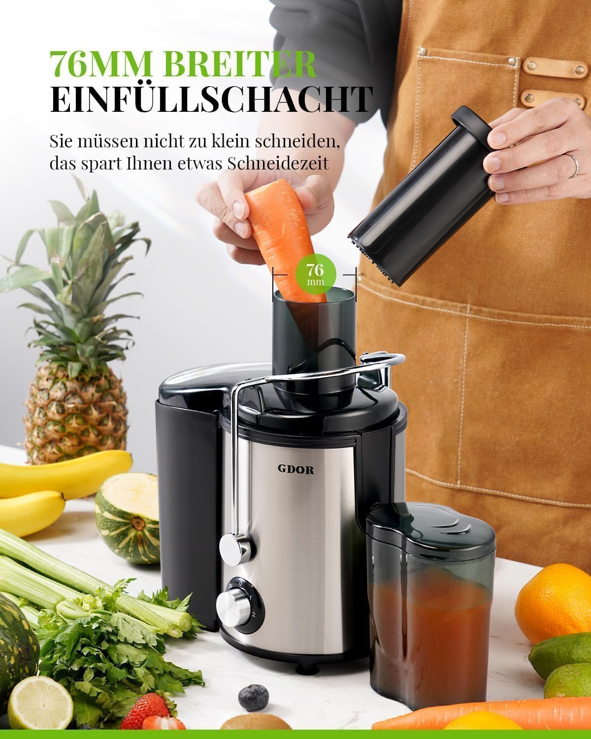 GDOR 800W Entsafter Juicer Machine aus Edelstahl 76mm Großem Mund Entsafter Gemüse und Obst 3 Geschwindigkeitsstufen Juicer Schnelles Entsaften Leicht zu Reinigen Zentrifugaler mit Bürste BPA-frei