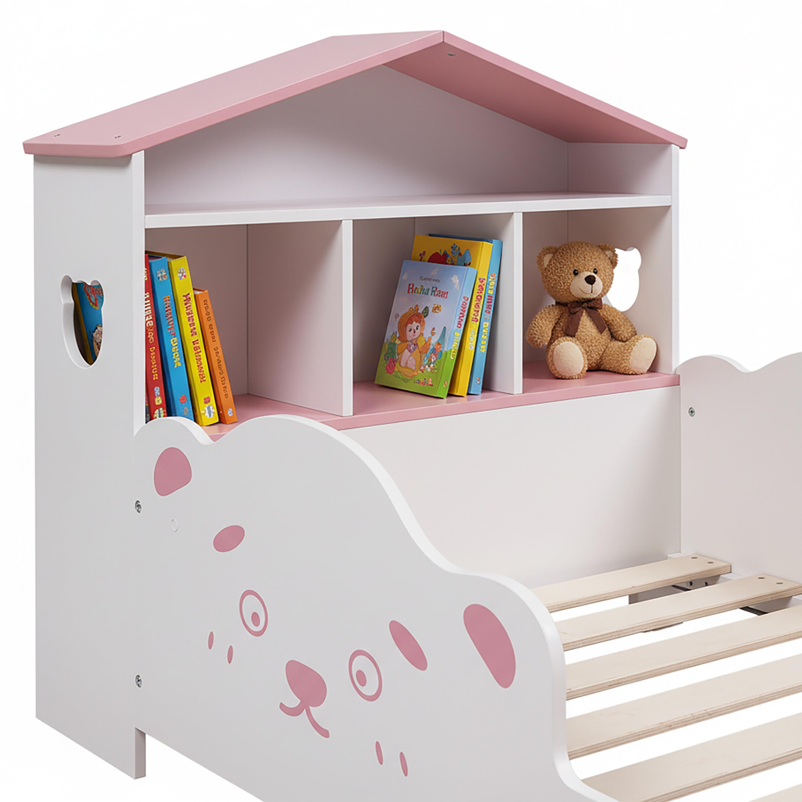 Relaxdays Lettino casetta con ripiano, sponde Anti-Caduta, Rete a doghe, Orsetti, Bianco/Rosa 70x140 cm