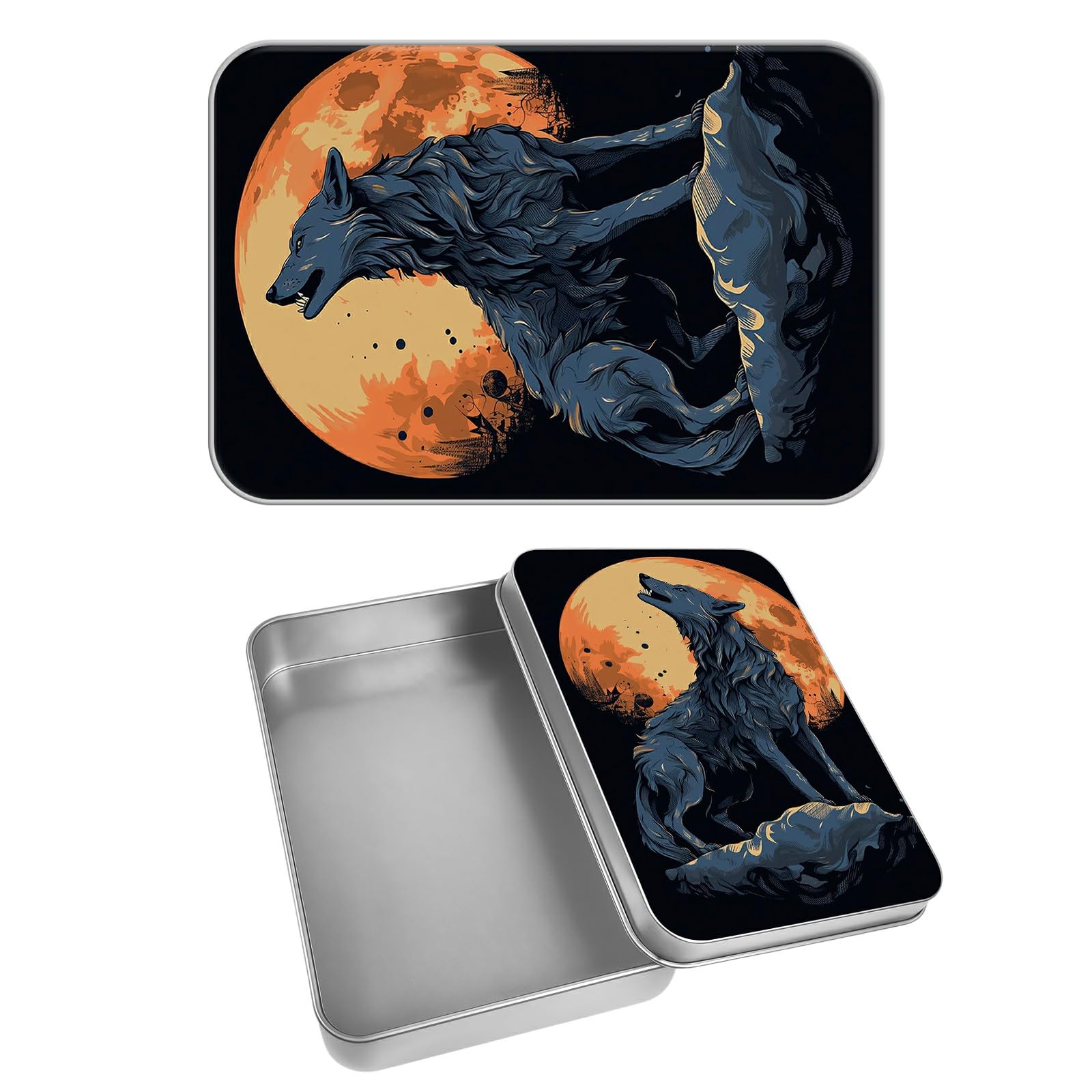 Rectangular Metal Tin Box with Removable Lid, Wolf Full Moon Decorative Printed Metal Storage Container for Cards, Diaries, Home Organization 4.53 x 3.35 x 0.86 inch– Single Pack