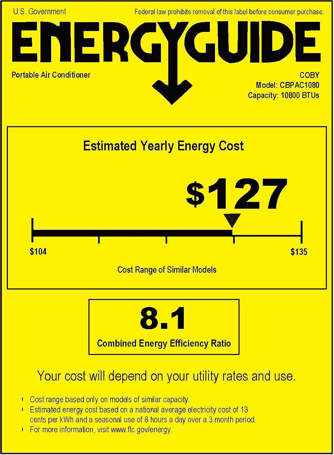 U.S. Government EnergyGuide label for Portable Air Conditioner, Model CBPAC1080, Capacity 10800 BTUs, showing estimated yearly energy cost of $127