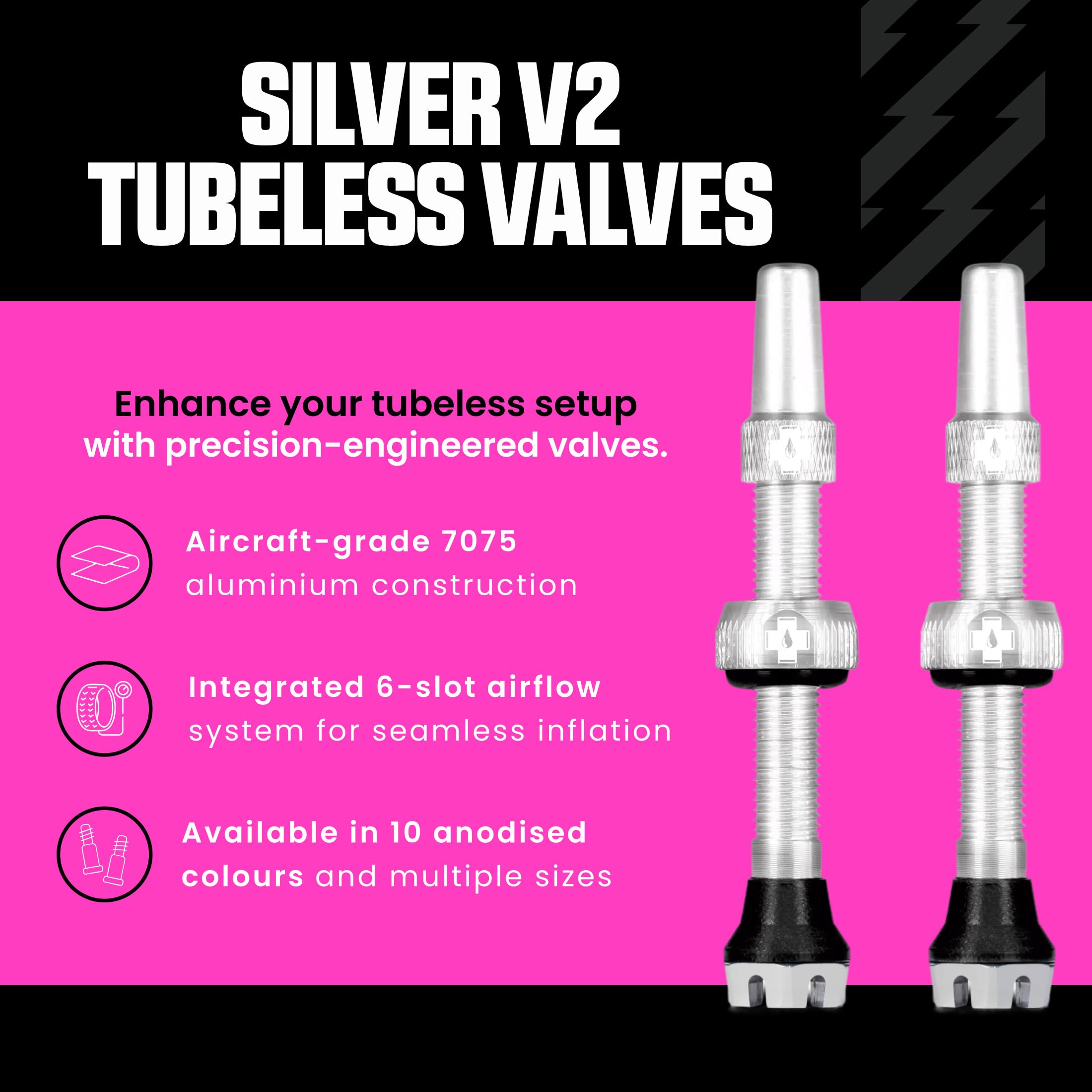Muc-Off Valvole Presta Argento, 44 mm - Valvole Tubeless per Bici, con Strumento Smonta Valvola Incluso - di Alta Qualità e Senza Perdite