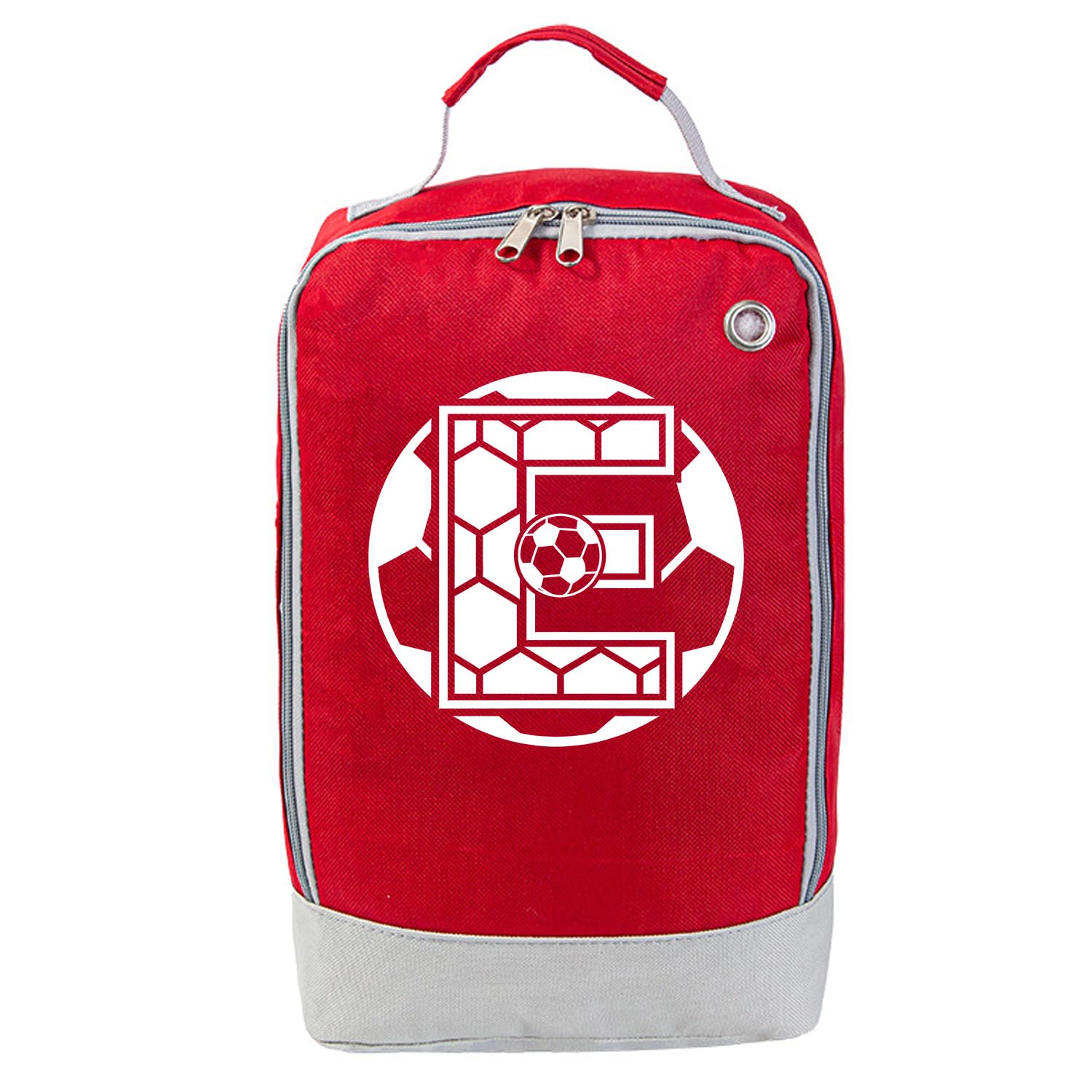 JOUWUI Personalised Football Boot Bag, Waterproof Sports Shoe Storage, Red and Grey Design with Initial, 20x10x32cm, for Boys, Girls, Adults, PE and School (Football Boot Bag, Initial E)