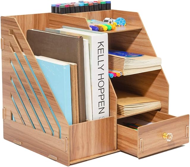BigTree Wooden Desktop Organiser, DIY Desk Tidy Stationary Storage Cabinet with 2 A4 File Holder Sections, 5 Compartments and 1 Drawer for Home, Office and School