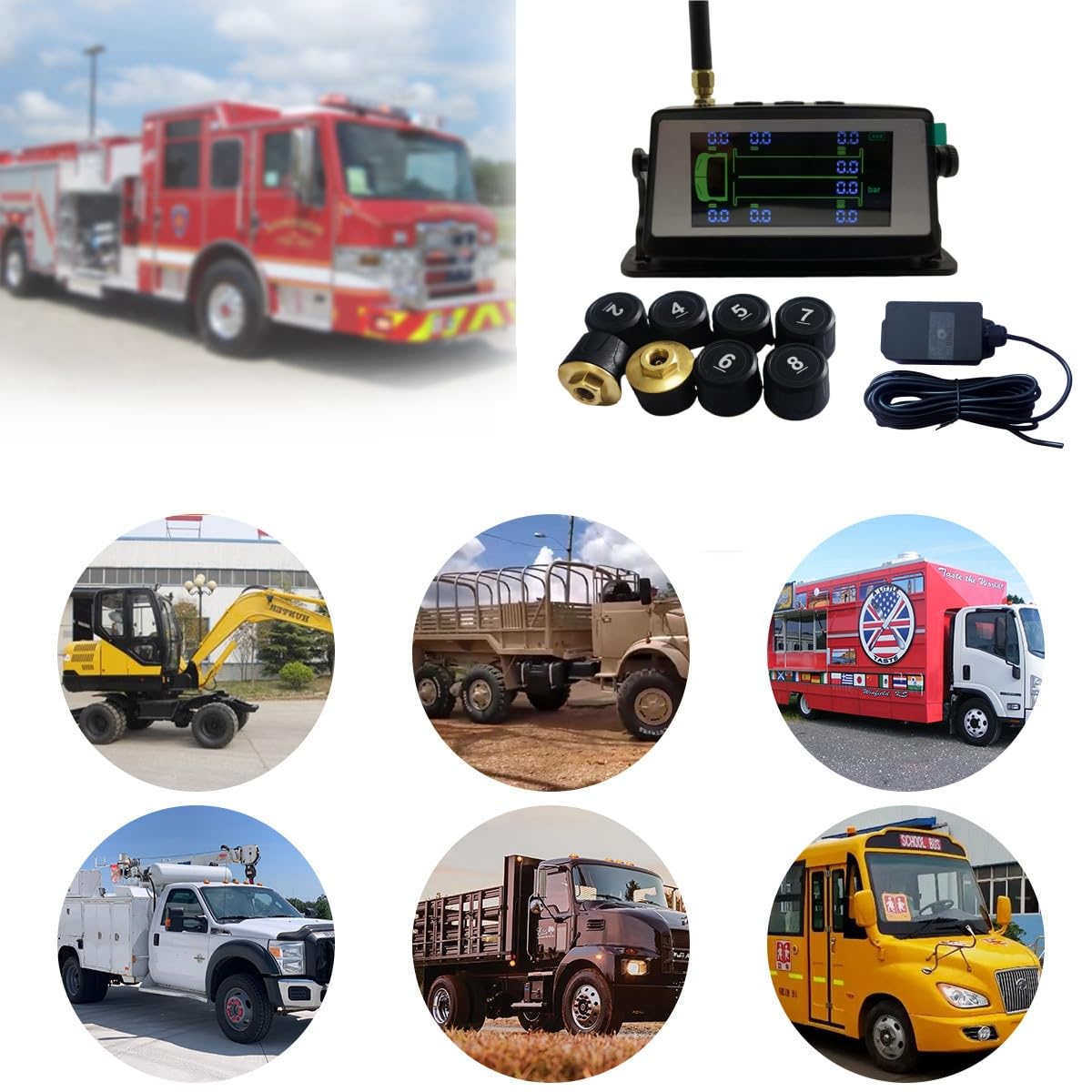 2024 Nuovo aggiornamento 18Bar/261PSI Heavy Truck Solar TPMS Tire Pressure Monitor 6 principali funzioni di allarme per il monitoraggio in tempo reale della pressione e della temperatura dei