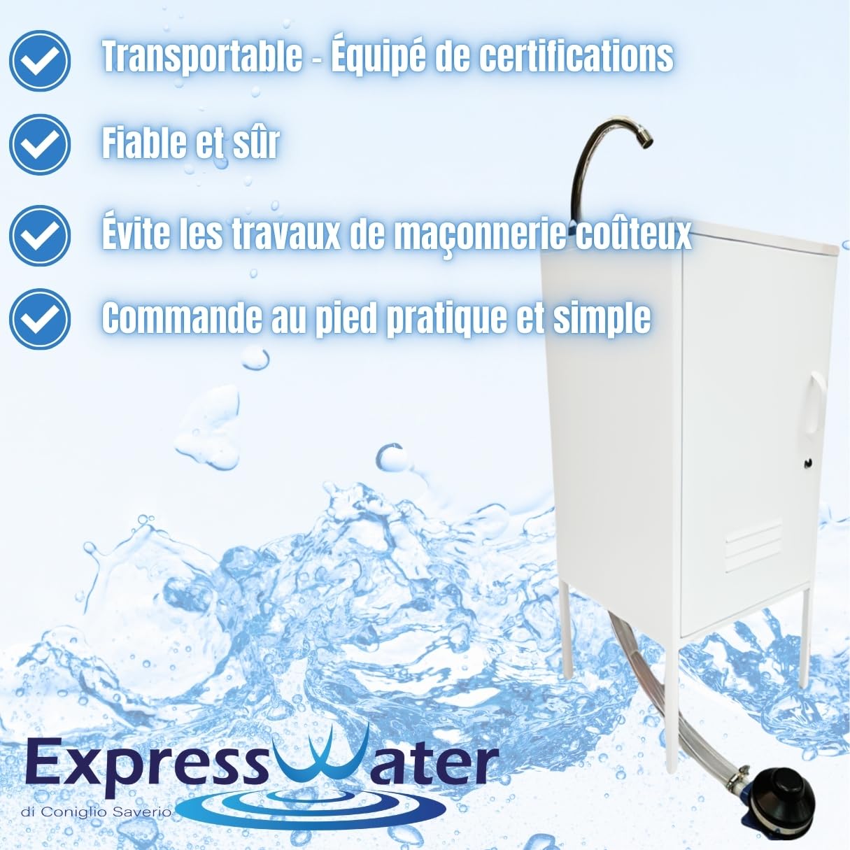 Express Water Luxe Lite Lavabo Lavabo Portable Autonome Transportable avec Réservoir d'Eau en Acier Inoxydable avec Commande à Pédale, Certifié pour ASL, pour Magasins et Études Médicales