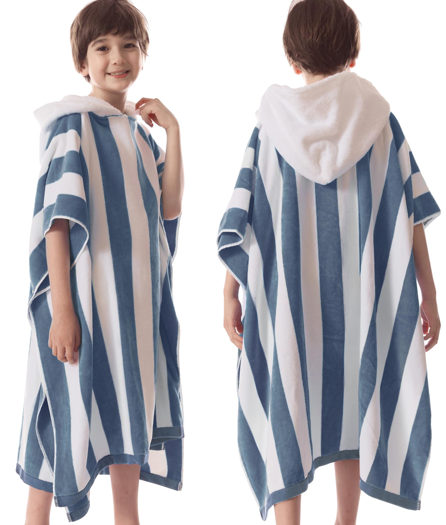 VOOVA & MOVASHooded Beach Towel Poncho for Teens (74X37 Inches), 100% Cotton Thick Swim Robes for Kids, Perfect for Pool, Beach, Bath Activities and Gifts,Blue Grey Cabana Stripe