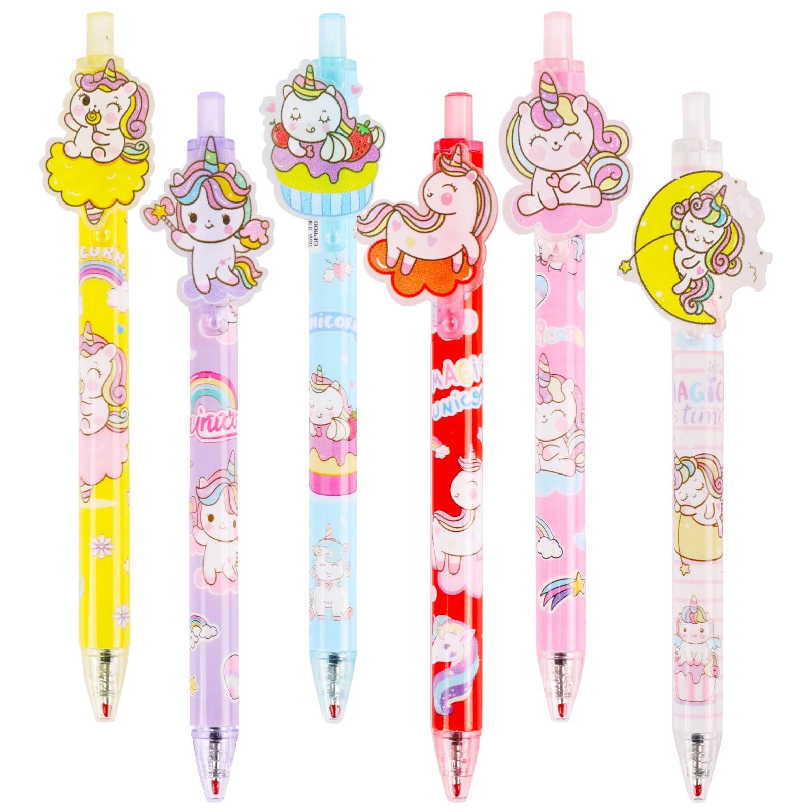 6 Pcs Unicorn Pens - Cute School Supplies Cute Black Gel Pens, Retractable Printing Pen Stationery Set Pen for Kids Boys Girls Gifts,(0.5 mm)