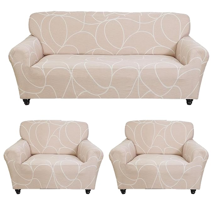 Sofa Cover 3 Seater and 2 Seater Fully Covered Universal 5 Seater Sofa Cover Non-Slip Sticky Elastic Stretchable Sofa Set Imported Slipcover (5 Seater, Beige Printed)
