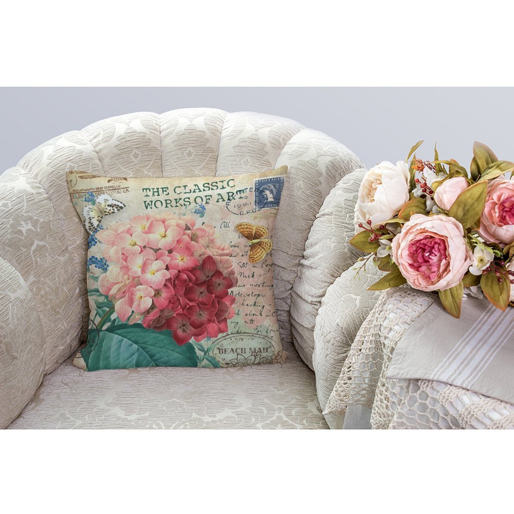 HGOD DESIGNS Throw Pillow Cover Ixora Flower with Vintage Butterfly Stamp Old Style Letter Yellow Pink Green Home Decorative Pillow Cases Cotton Linen Square Cushion Covers for Sofa Couch 18x18 Inch