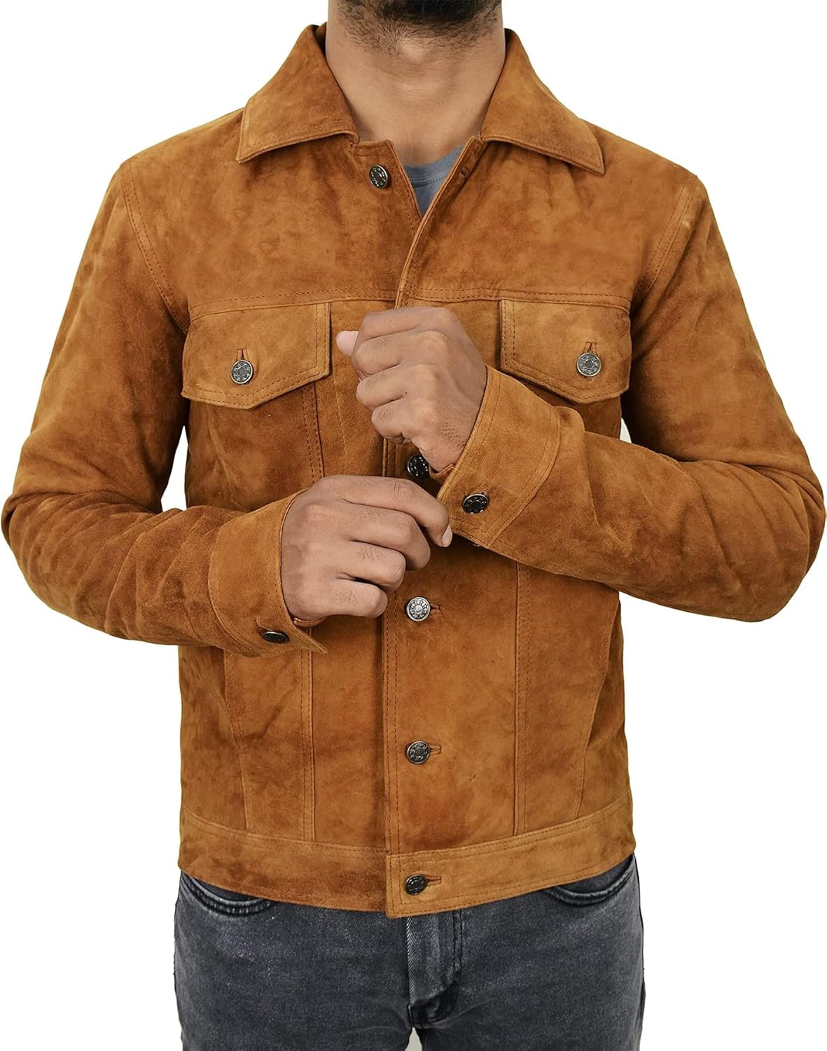 Mens Suede Leather Trucker Jacket Western Style Cowboy Coat