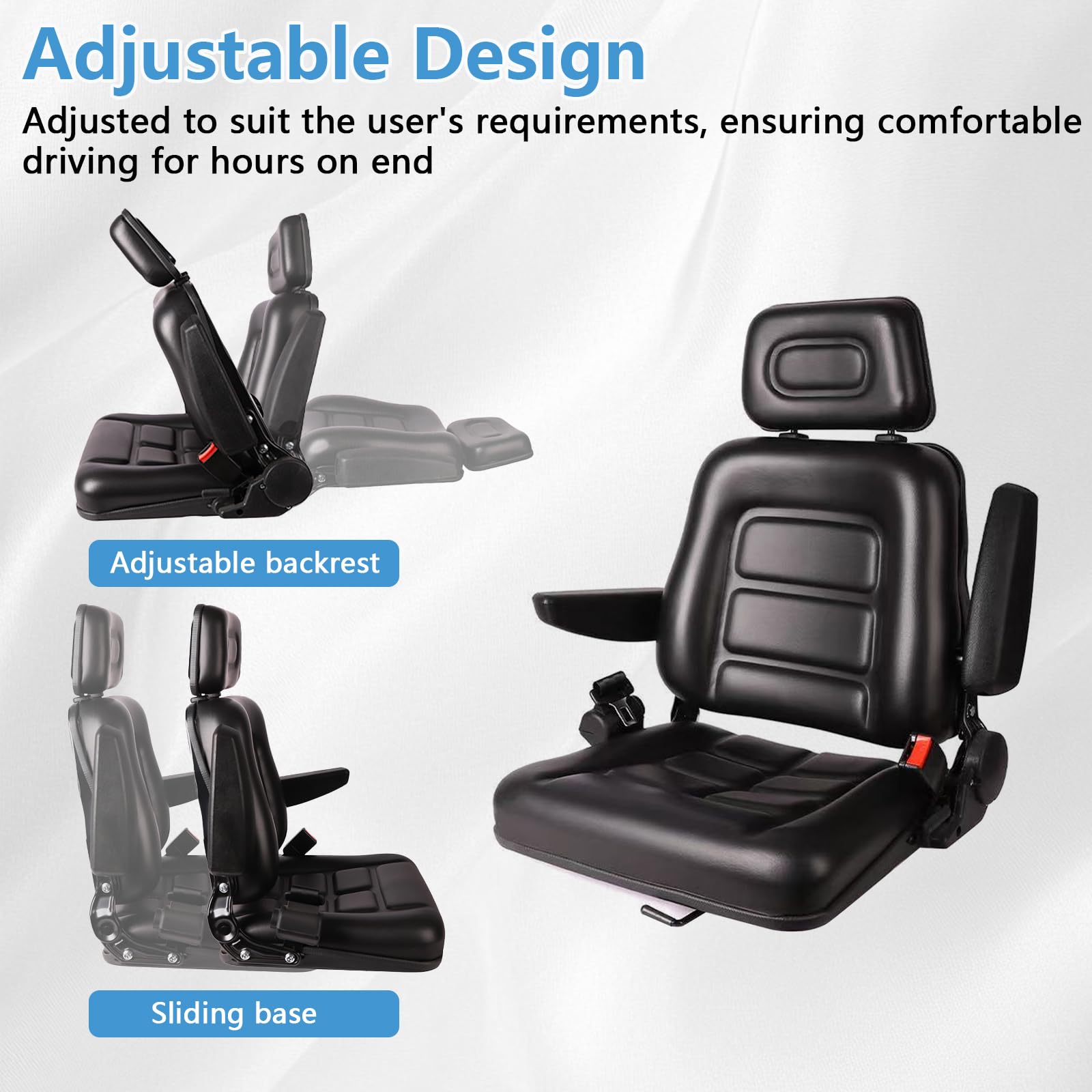 Asiento universal para tractor, asiento plegable para carretilla elevadora con respaldo ajustable y cinturón de seguridad, reposacabezas ajustable en 3 posiciones, reposabrazos plegables y rieles