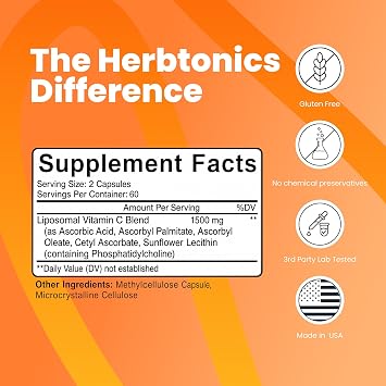 Herbtonics Liposomal Vitamin C Capsules 1500mg Immune Support Supplement | Immune System Health | High Absorption Vitamin C | Contains Collagen | 120 Vegan Capsules Non-GMO