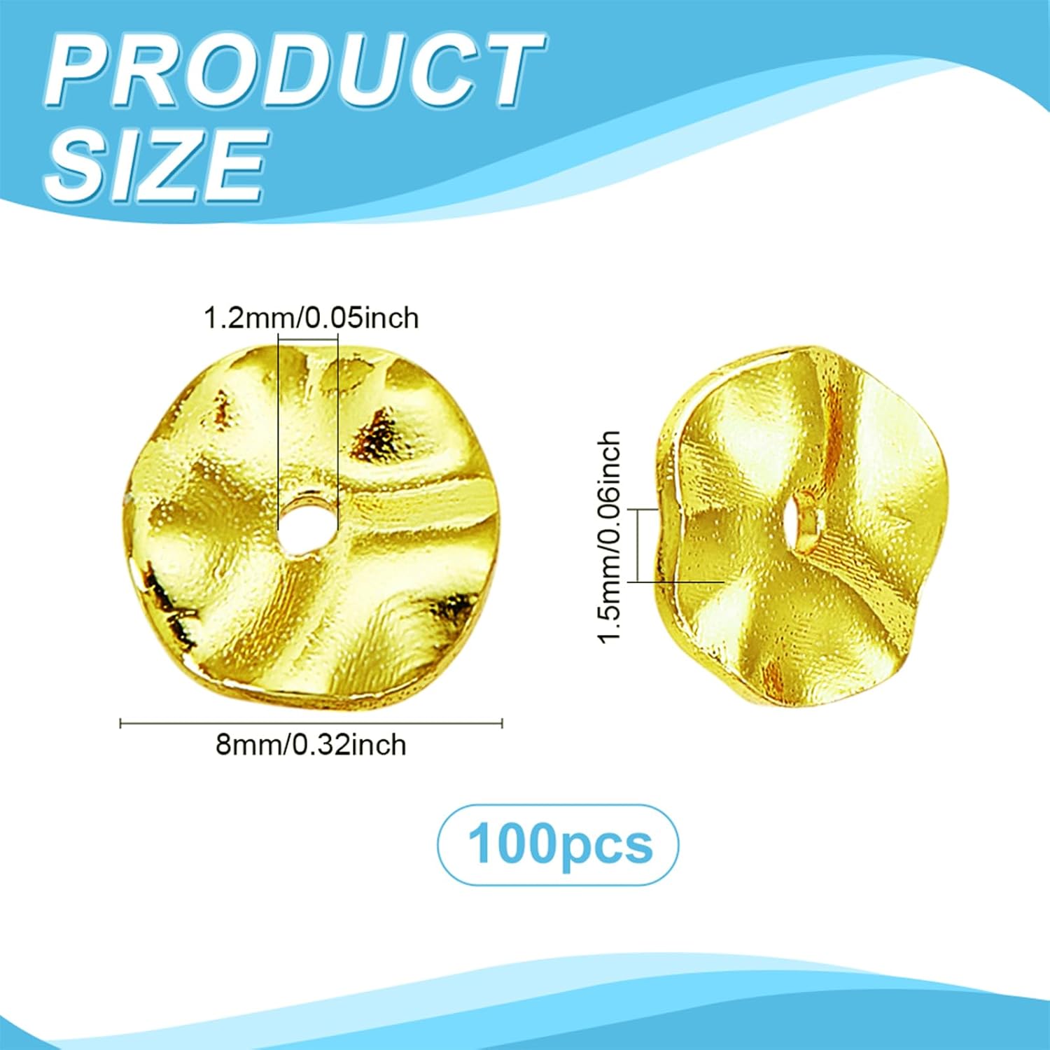 PH PandaHall 18K Gold Plated Spacer Beads, 100pcs 8mm Wavy Disc Beads Flat Round Brass Loose Bead Spacers Metal Bead for Stackable Necklace Bracelet Earring Jewelry Making DIY Crafts - Image 2