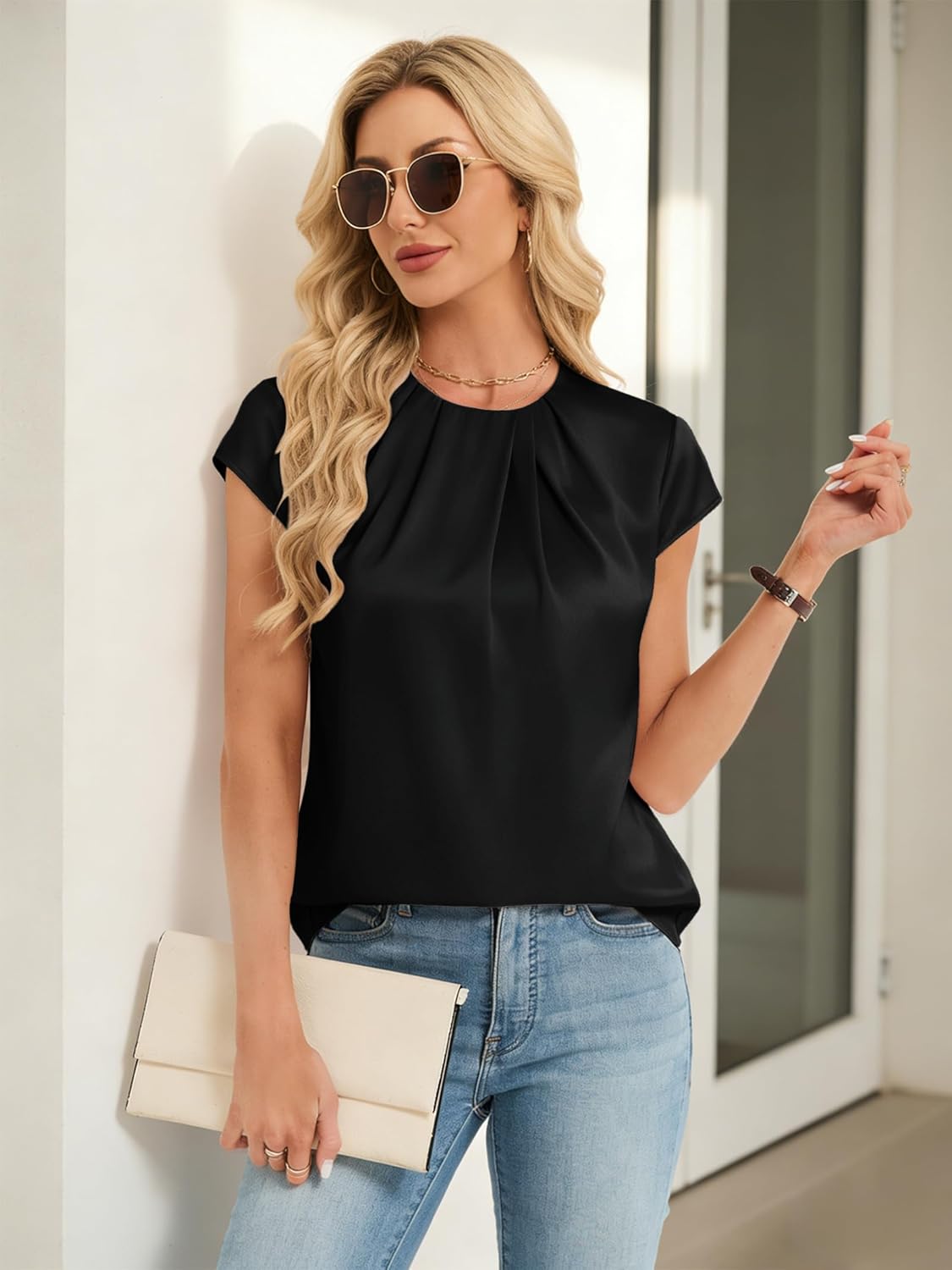 Funlingo Women's Silk Satin Blouse Summer Dressy Casual Cap Short Sleeve Tops Crew Neck Front Pleated Work Shirts - Image 3