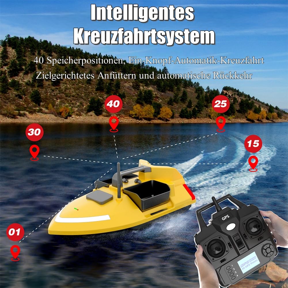 500m Futterboot mit GPS, 12000mAh Nachtangeln Fischköder Köderboot mit LED,10km/h, Fernbedienung Futterboote Bait Boat Ferngesteuertes Köderboot, 2 KG Beladung