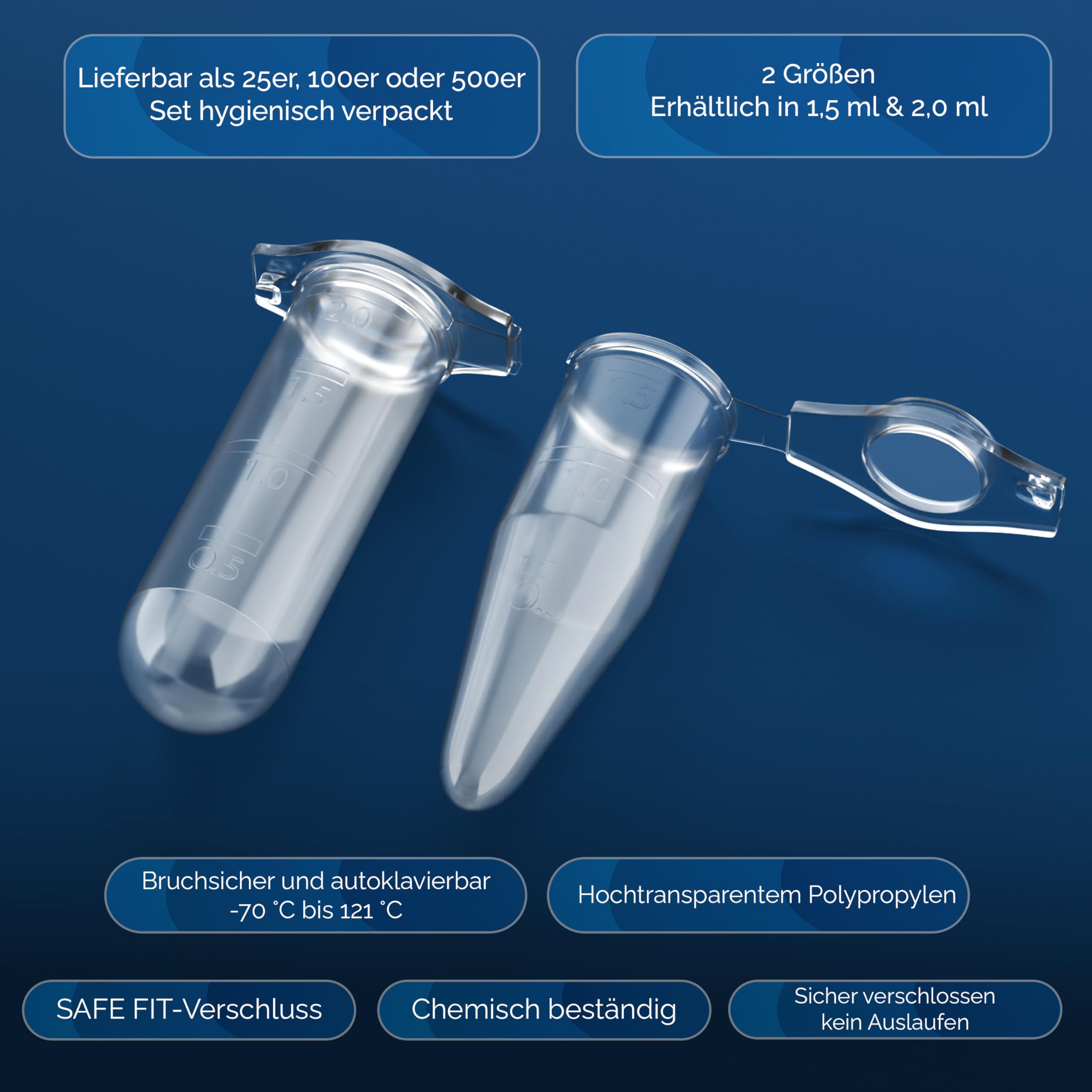 Lot de 100 récipients de réaction 2,0 ml - Tubes de centrifugeuse - Capsules en tissu étanches et étanches - Tubes d'échantillons pour laboratoire, échantillons, granules et recherche