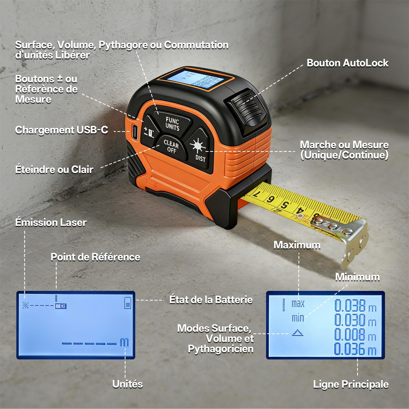 Telemetre Laser 2 en 1, Rechargeable Télémètre Laser 60m & Mètre Ruban 5m, Outil de Mesur avec Crochet Magnétique Mobile - Pythagore, Aire, Volume, Unité à Changement pour Décoration