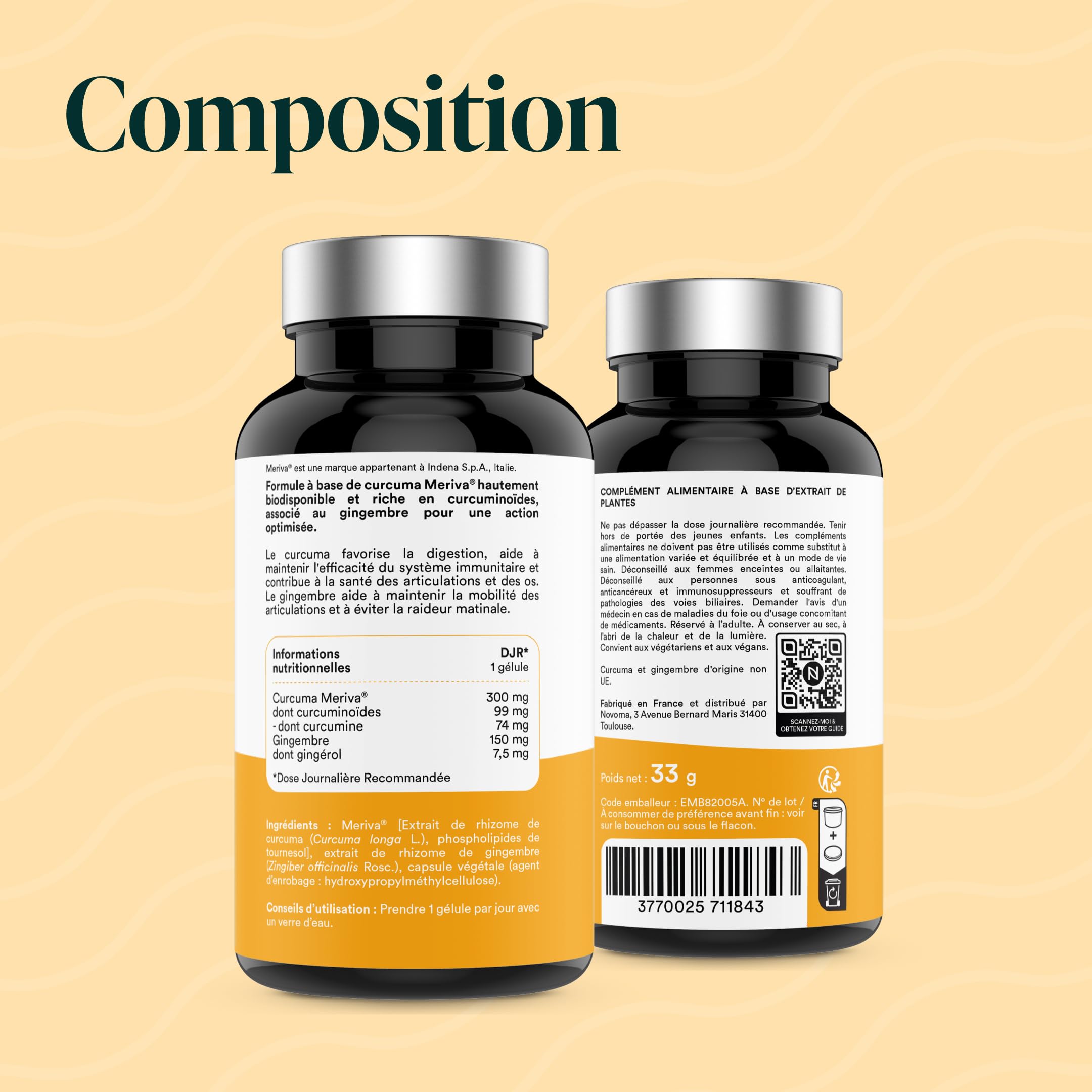 NOVOMA Curcuma 300mg Breveté Meriva®, avec Gingembre, Soutient la Digestion et le Confort Articulaire, Haute Teneur en Curcumine, Cure de 2 mois, Fabriqué en France