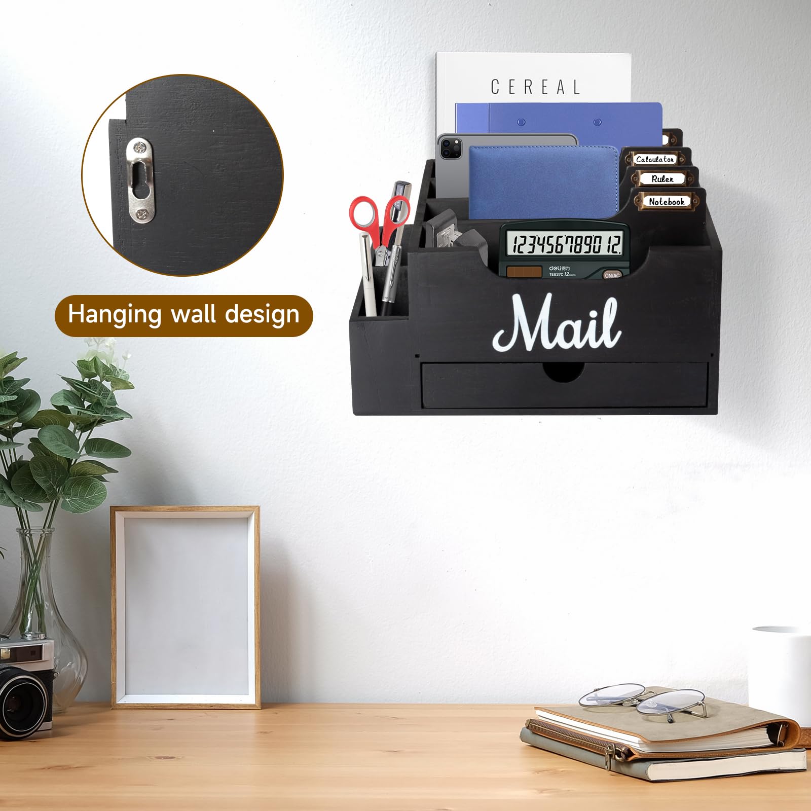 Organizzatore di Posta da Scrivania in Legno con 6 scomparti e cassetto, Organizzatore per Cartelle di Carta e Lettere, Organizer per Cartelle per Scrivania per Lettere Cancelleria, Nero