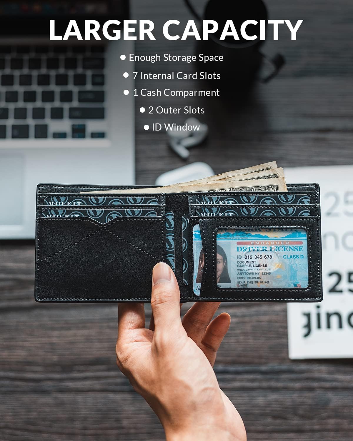 VULKIT Men's Wallet Minimalist Leather Bi-fold Wallet Rfid Blocking with ID Window