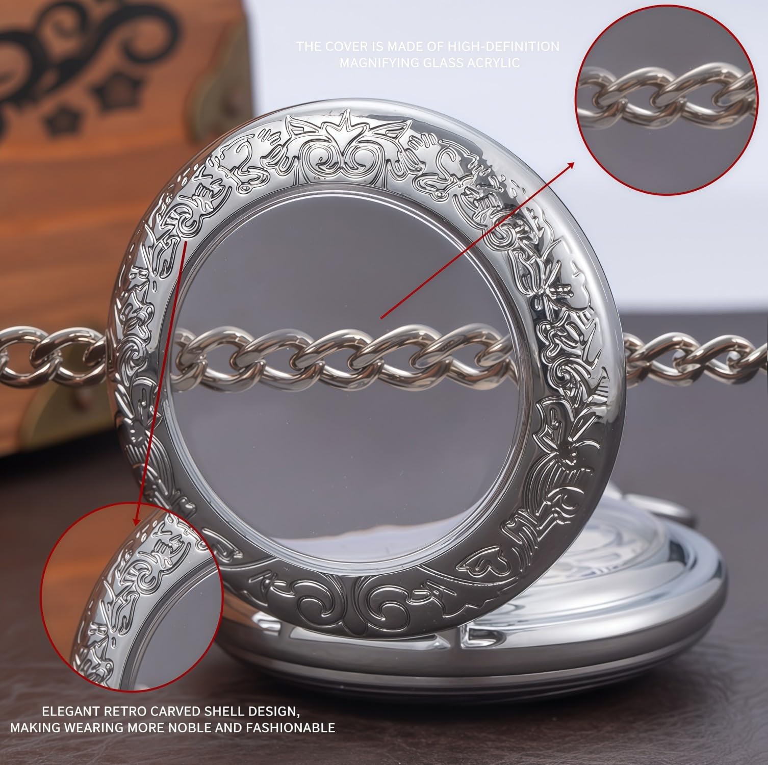 Orologio da tasca meccanico, per uomo e donna, con lente d'ingrandimento speciale, cassa incisa, numeri romani con catena