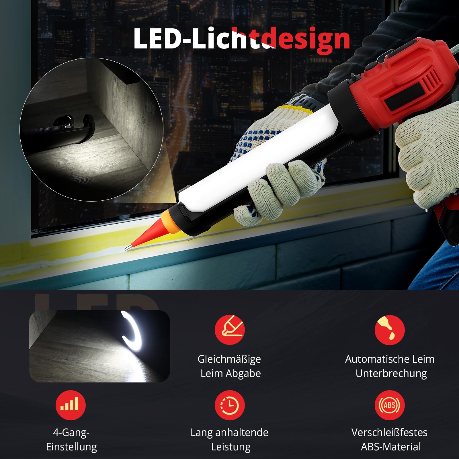 Prensa de cartuchos de batería de 18V – Pistola eléctrica de silicona con luz LED y 4 niveles de velocidad para cartuchos de 300 ml, pistola de calafateo para sellar