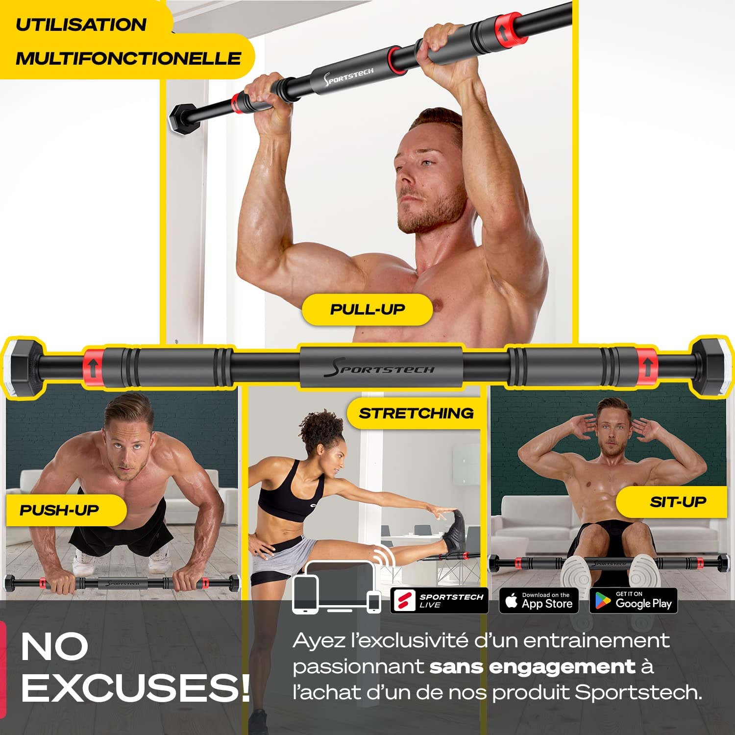 Sportstech Barre de Traction avec Fonction Gear-Lock innovante | Fixation sûre et Rapide sans vis dans Le Cadre de la Porte | réglable Individuellement jusqu'à 90 cm | KS260/KS270 + eBook